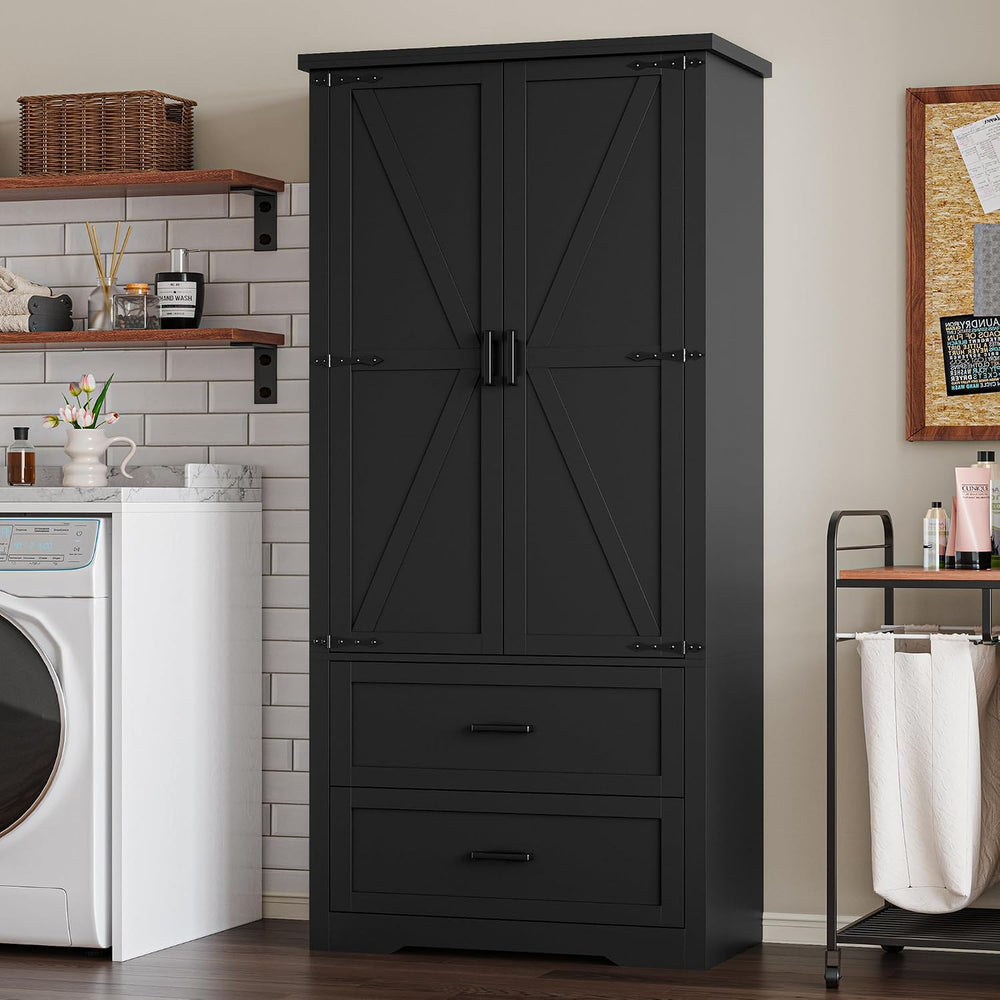 BORNOON Pantry Organizers and Storage Cabinet, 71” Barn Door Black Kitchen Ca...