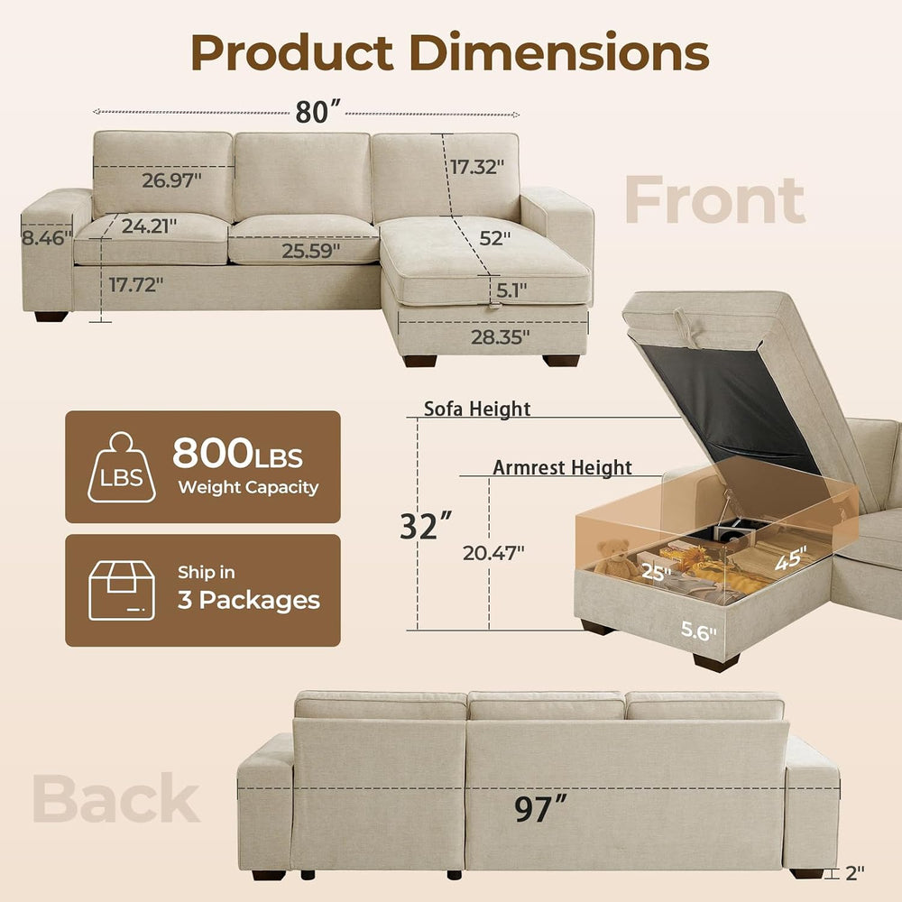 97in L-Shaped Sectional Sofa with Storage Chaise, 3-Seater Couch, Beige