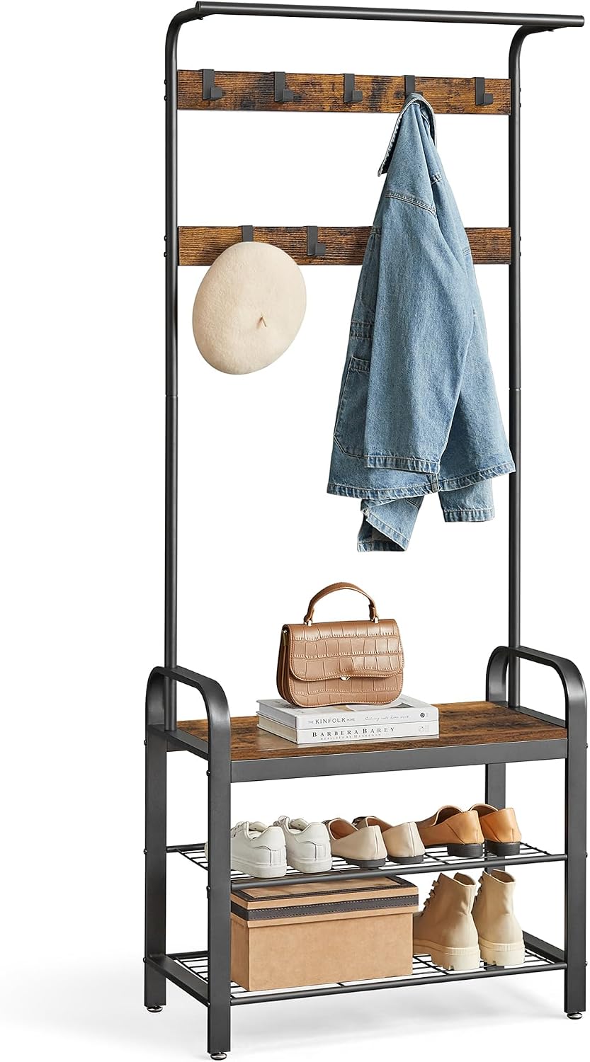 VASAGLE Coat Rack, Hall Tree with Shoe Bench, 4-in-1, 9 Removable Hooks
