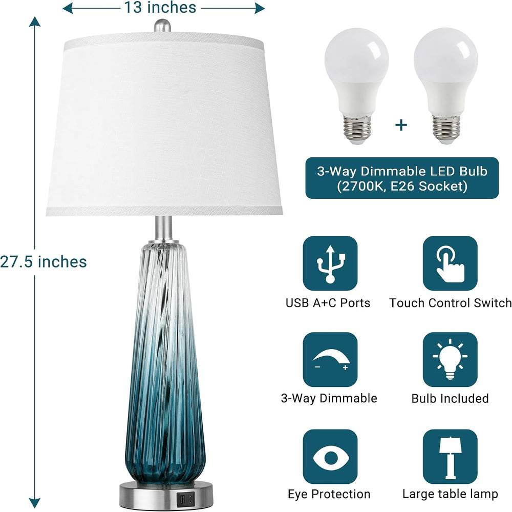 Table Lamps Set of 2 with Touch Control, Modern Glass Bedside Lamps with USB ...
