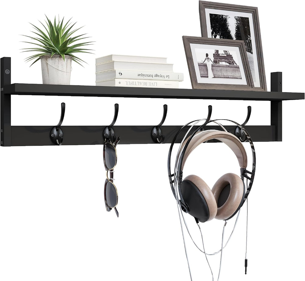 BAMEOS Wall-Mounted Shelf with Hooks - 28.9 Inch Entryway Hanging Shelf with ...