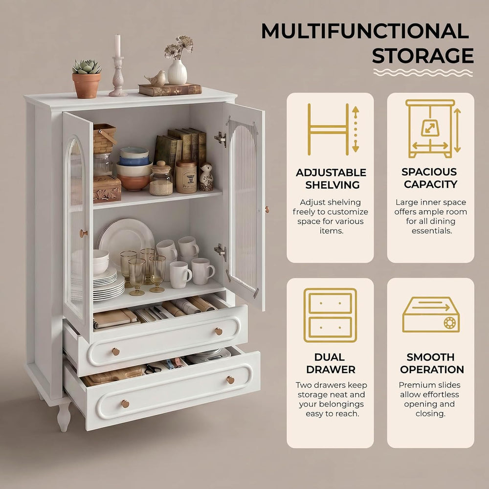 46.5'' Tall Accent Cabinet with Arched Doors,Fluted Glass Cabinet,White