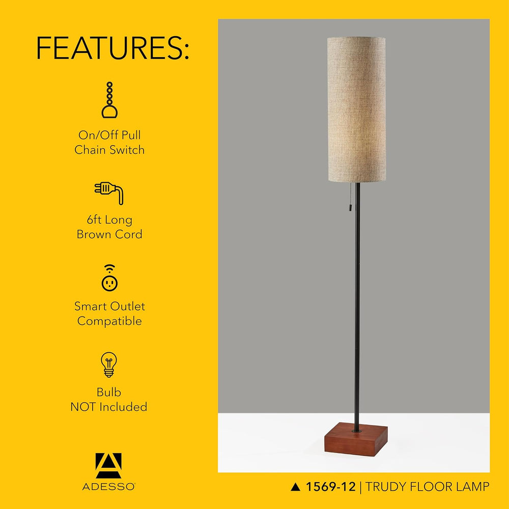 Adesso Floor Lamp, Walnut, Black & Beige Fabric, Modern, 62”