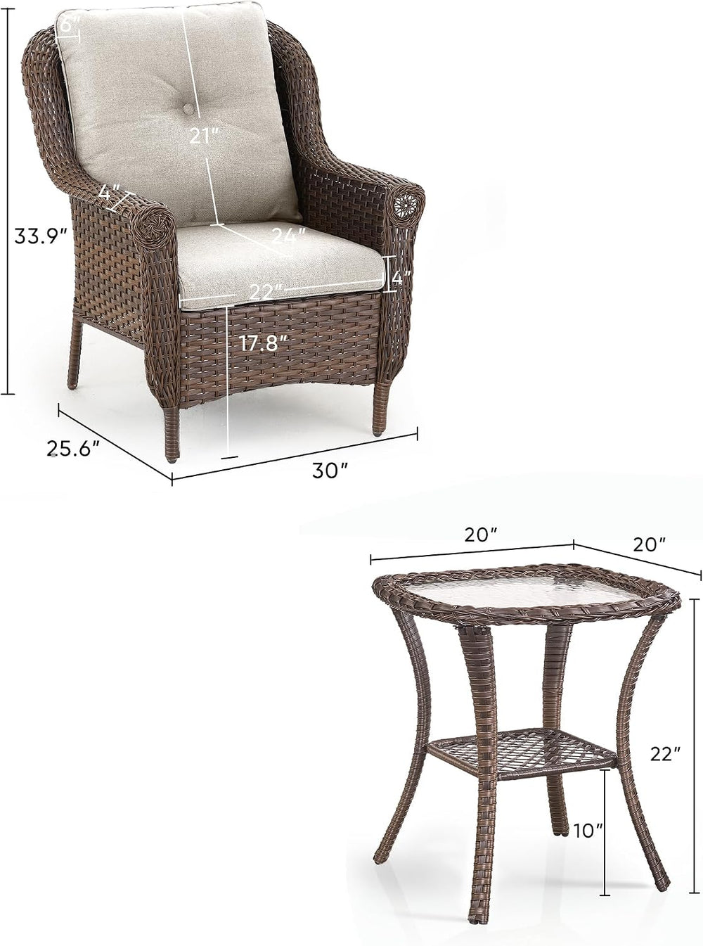 3 Piece Patio Brown Wicker Chairs with Side Table - Outdoor High Back Heavy D...