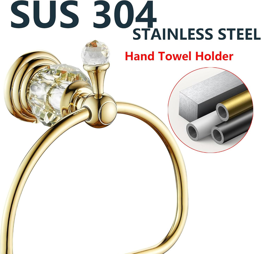 Gold Crystal Half Round Towel Ring, Hand Towel Holder for Bathroom, Gold Toil...