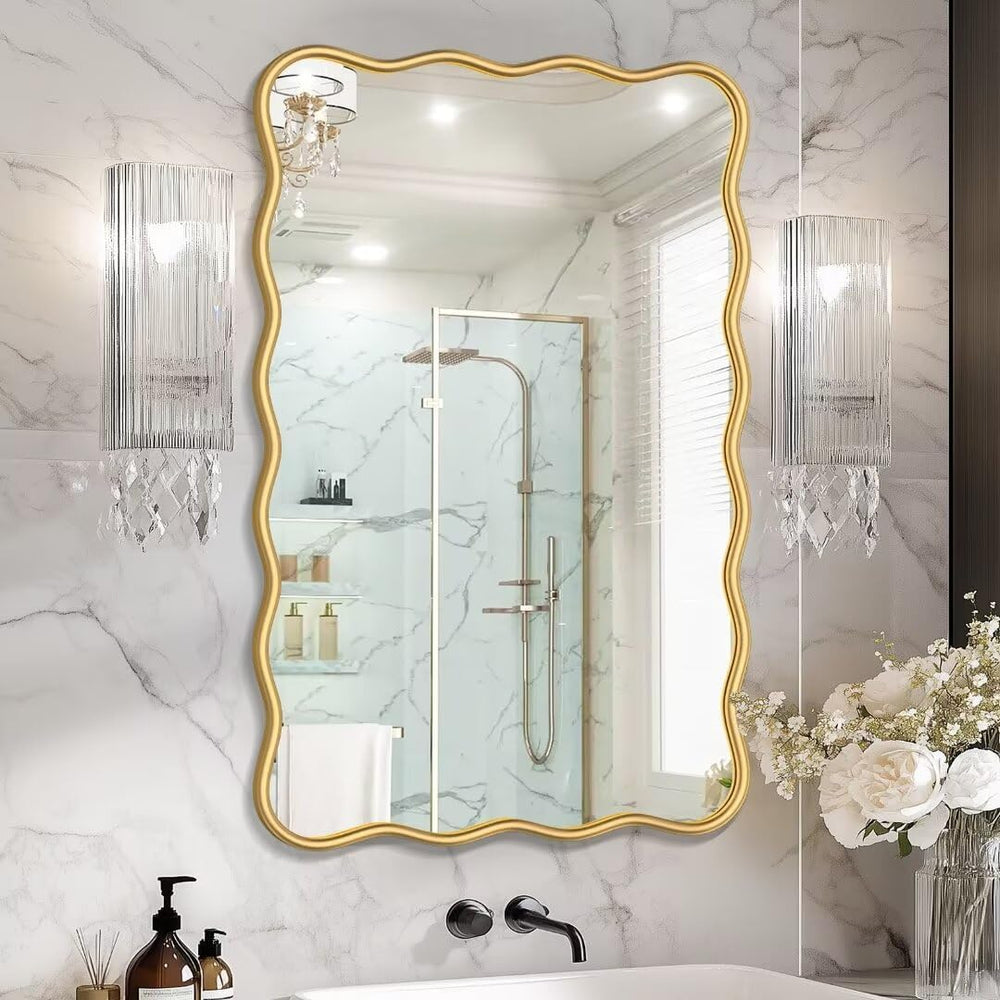 PROHOMEWARE 24x36 Gold Wavy Irregular Bathroom Mirror, Wall-Mounted