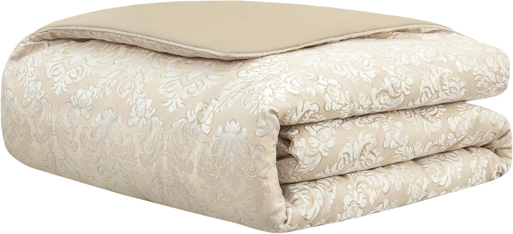 Loom and Mill 9-Piece Elegant Damask Comforter Set, Beige White, King