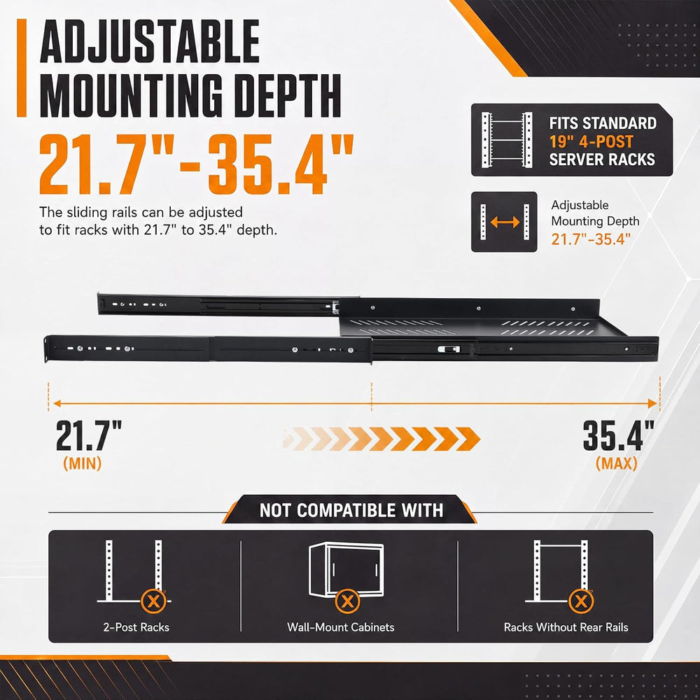 1 Pcs 1u Sliding Rack Shelf, Mounting 21.7-35.4 Inch Depth