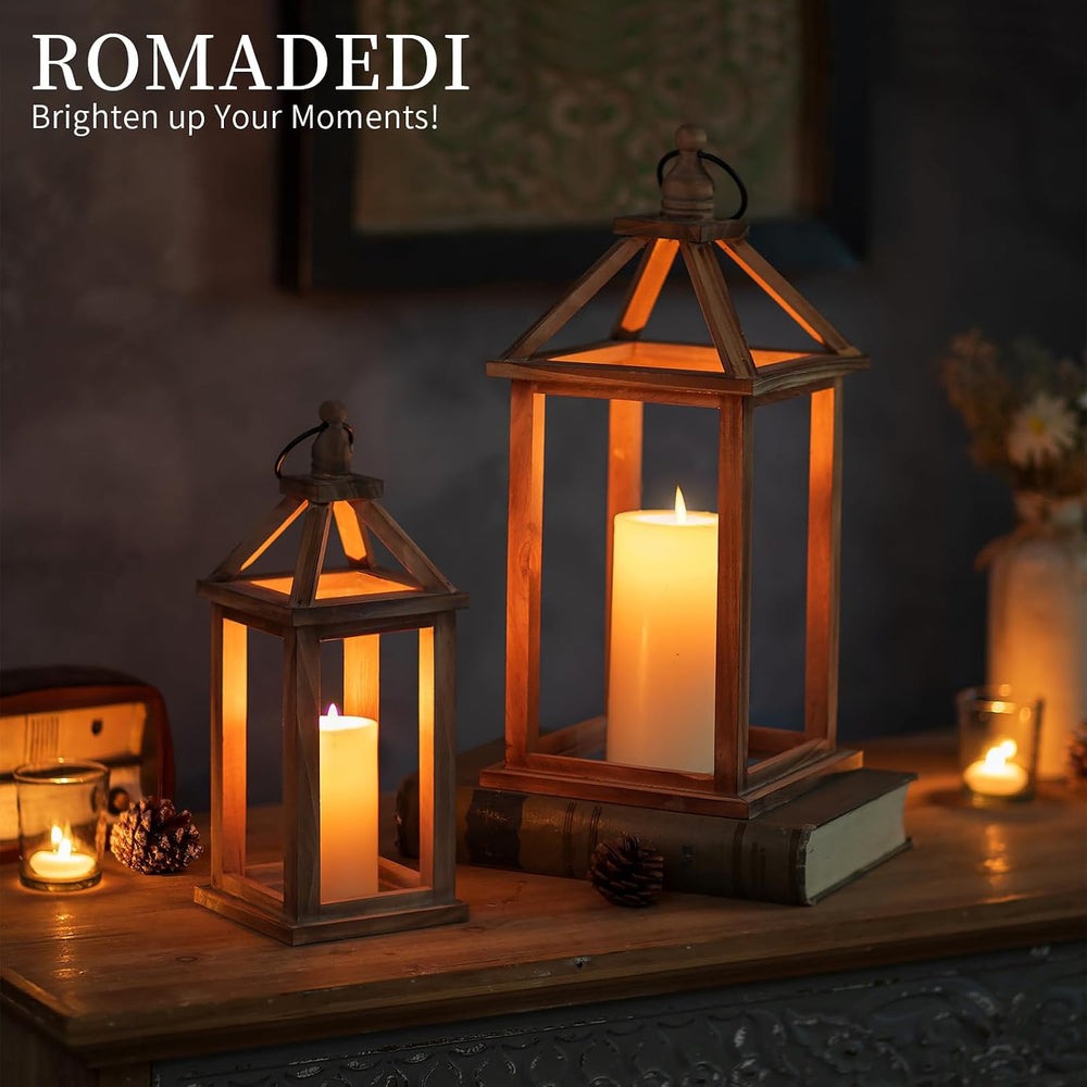 Romadedi Wood Candle Lantern Decorative, Brown, Rustic Decor Set of 2