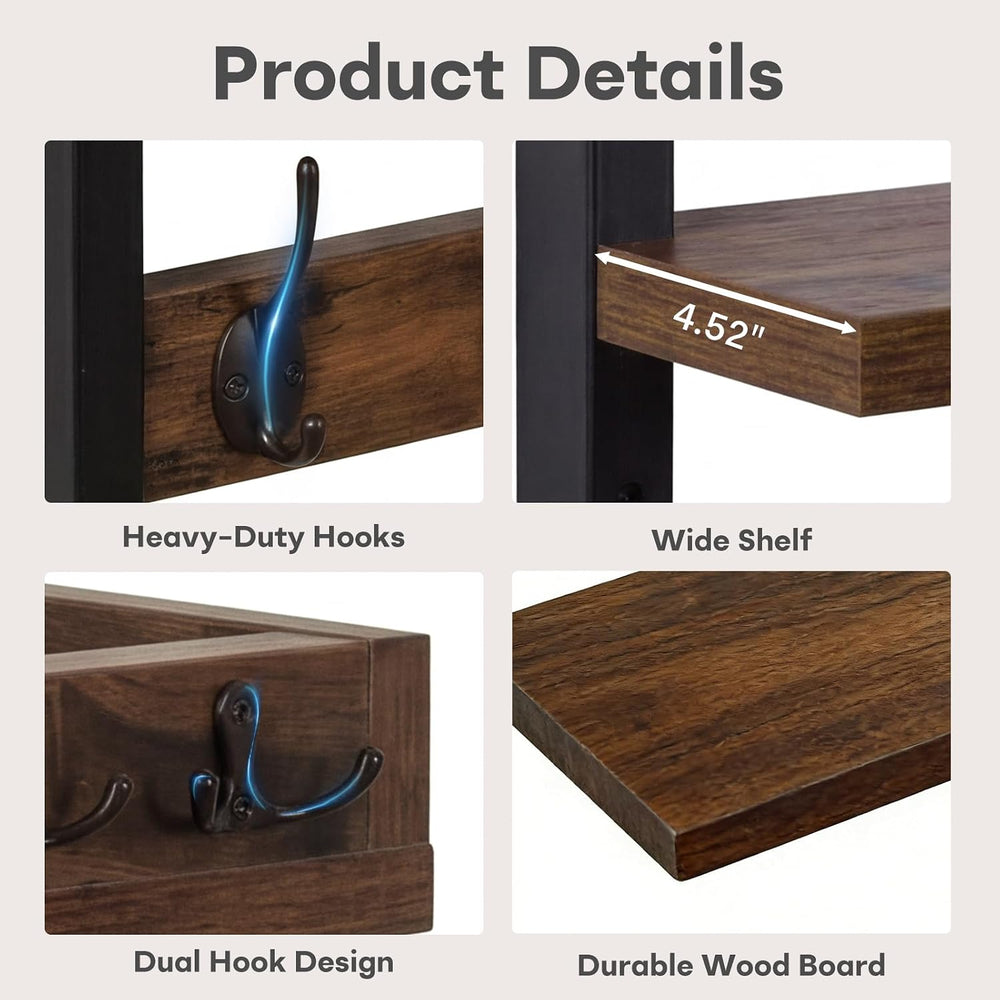 29" Coat Rack Wall Mount with Shelf, Mail & Key Organizer, Brown