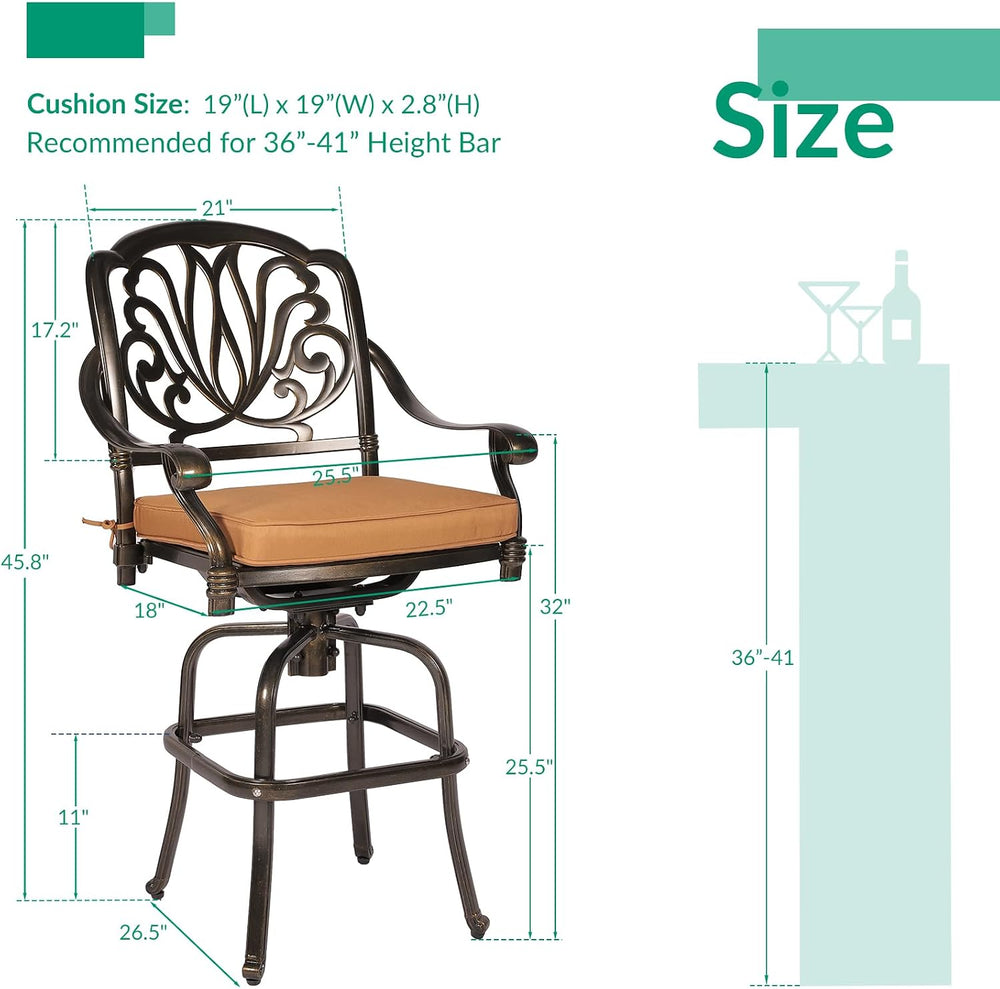 VIVIJASON 2-Piece Patio Swivel Bar Stools, All-Weather Cast Aluminum Bar Heig...