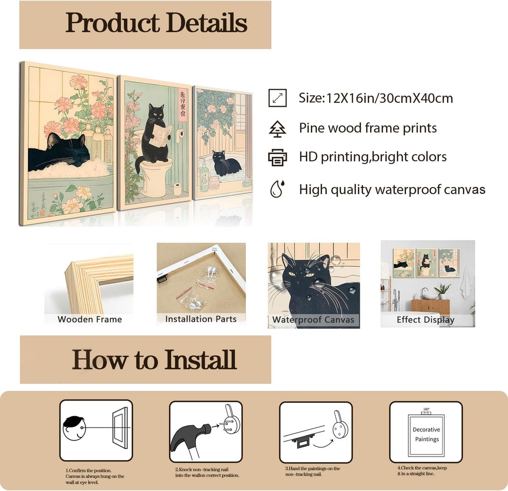 Funny Bathroom Wall Art Set of 3, Japanese Cute Black Cat Wall Decor Painting...