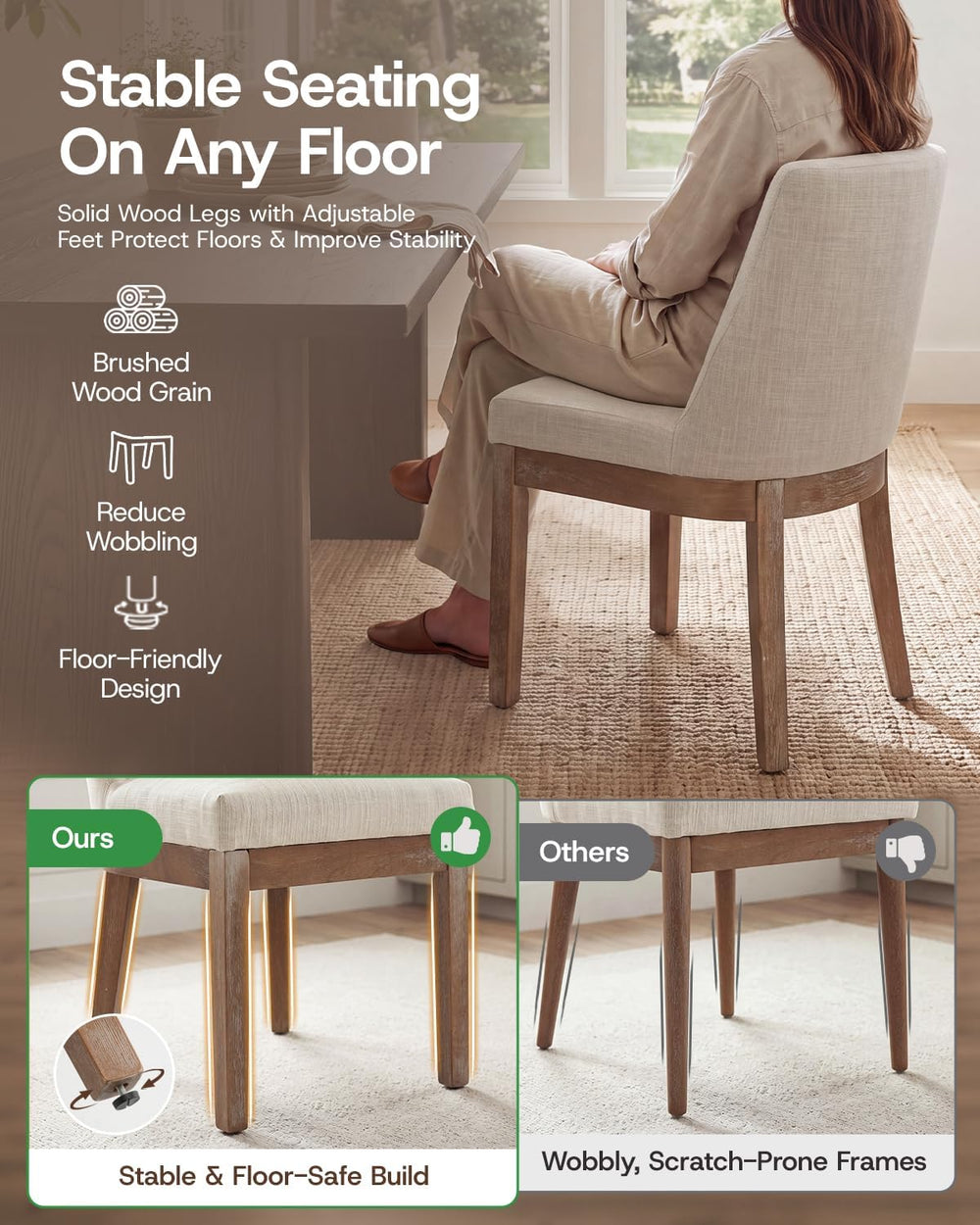 HNY Beige Linen Fabric Dining Chairs Set of 2 with Comfortable Back Support