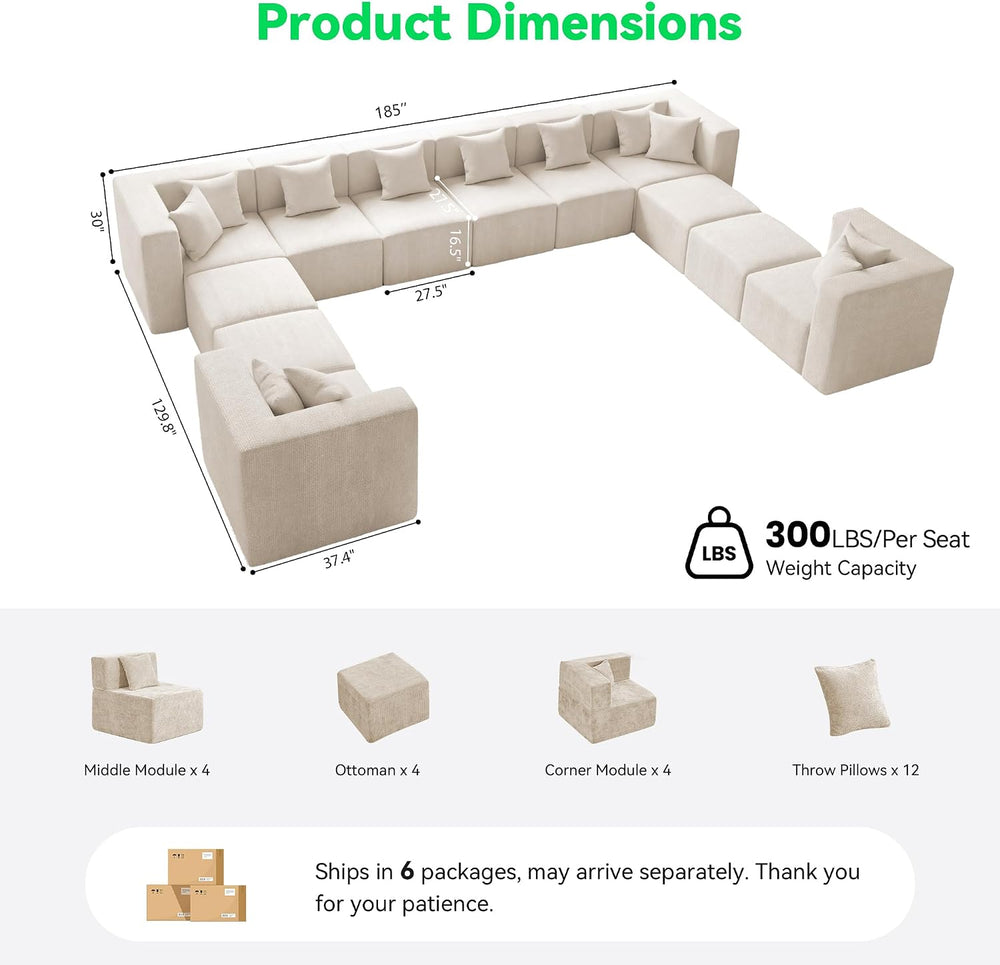 MONVANE Oversized Boneless Sectional Couch 12-Seat, Chenille, Beige