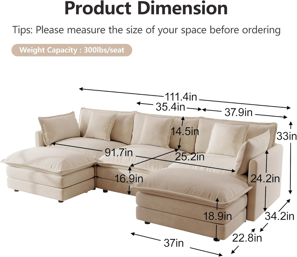 mikibama Modular Sectional Sofa, 111.5 Inch U Shaped Couch Set for Living Roo...