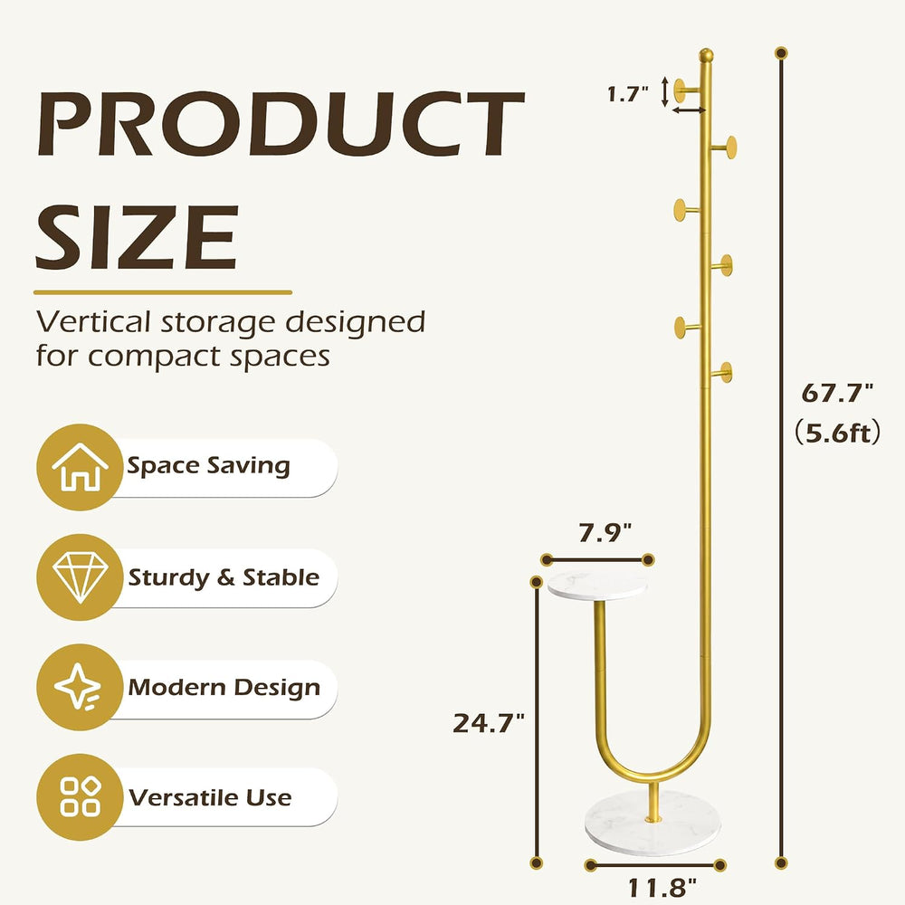 Metal Coat Rack Freestanding, Marble Table & Base, 6 Hooks (Gold)