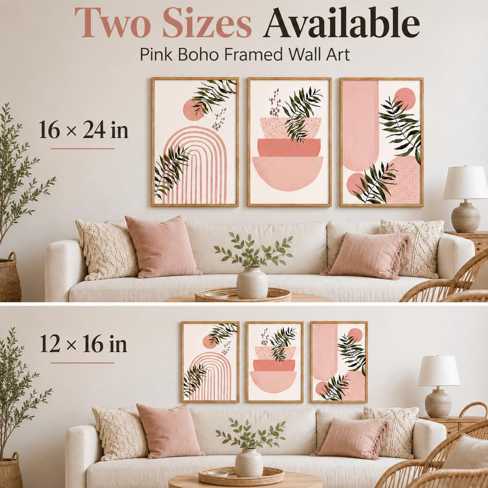 Framed 3pcs Boho Pink Geometric Leaf Canvas Wall Art 12x16 Inch