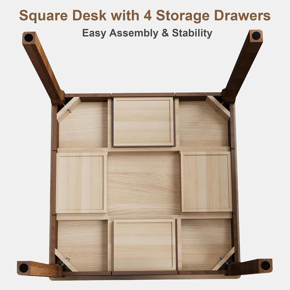 Solid Wood Desk with Drawers - 29.5” Square Dining Table, Mid Century Modern ...