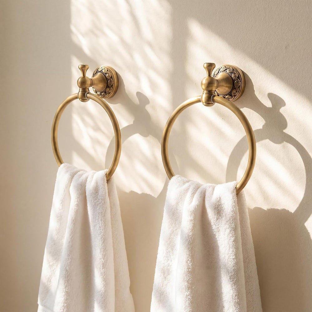 2 Pcs Brass Towel Ring Retro Gold Hand Towel Holder, Embossed Petal Series