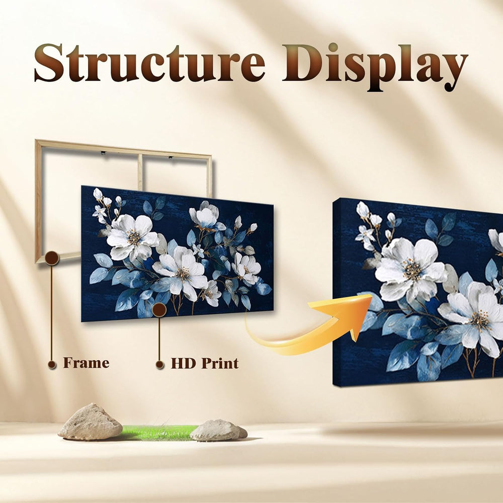 JLXART Framed Large Flower Canvas Wall Art Modern White Floral with Blue Back...