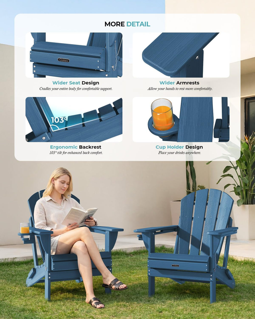 Ciokea Folding Adirondack Chairs Set of 2 HDPE All-Weather, Navy Blue