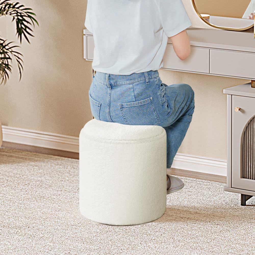 PINPLUS Round Storage Ottoman with Tray, Off-White Boucle Footstool