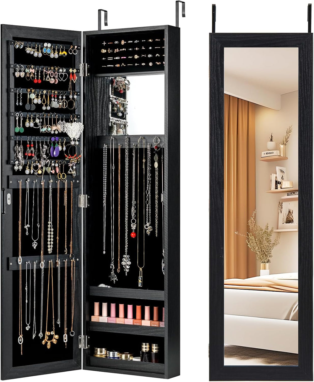 COSTWAY Full Length Mirror Jewelry Cabinet, Wall Door Mounted Jewelry Organiz...