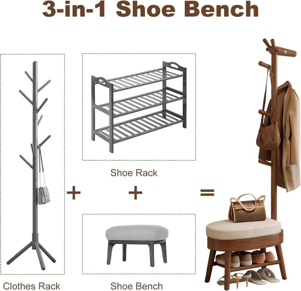 AQIMUELE Shoe Bench with Coat Rack, Shoe Rack with 9 Hooks, Walnut