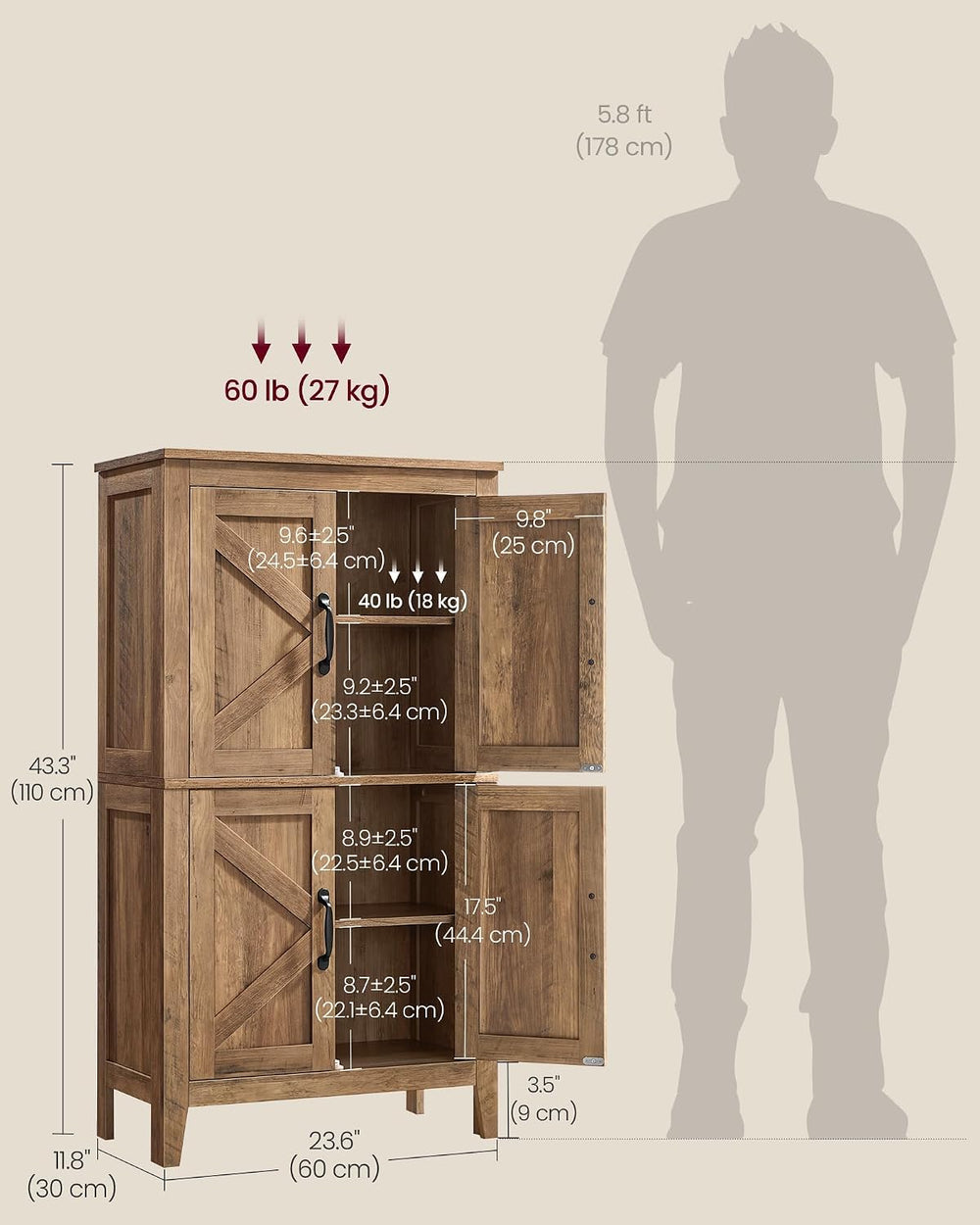 VASAGLE Farmhouse Storage Cabinet with 4 Barn Doors, Adjustable Shelves