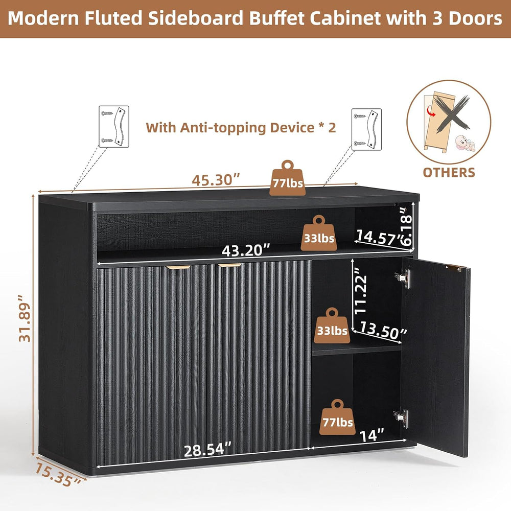 LEYAOYAO 45-Inch Fluted Buffet Cabinet with 3 Doors,Black Oak