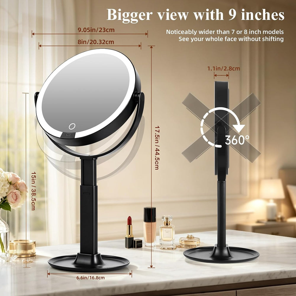 9" 2-Sided Makeup Magnifying Mirror with Lights, 1X+Interchangeable 10X/40X
