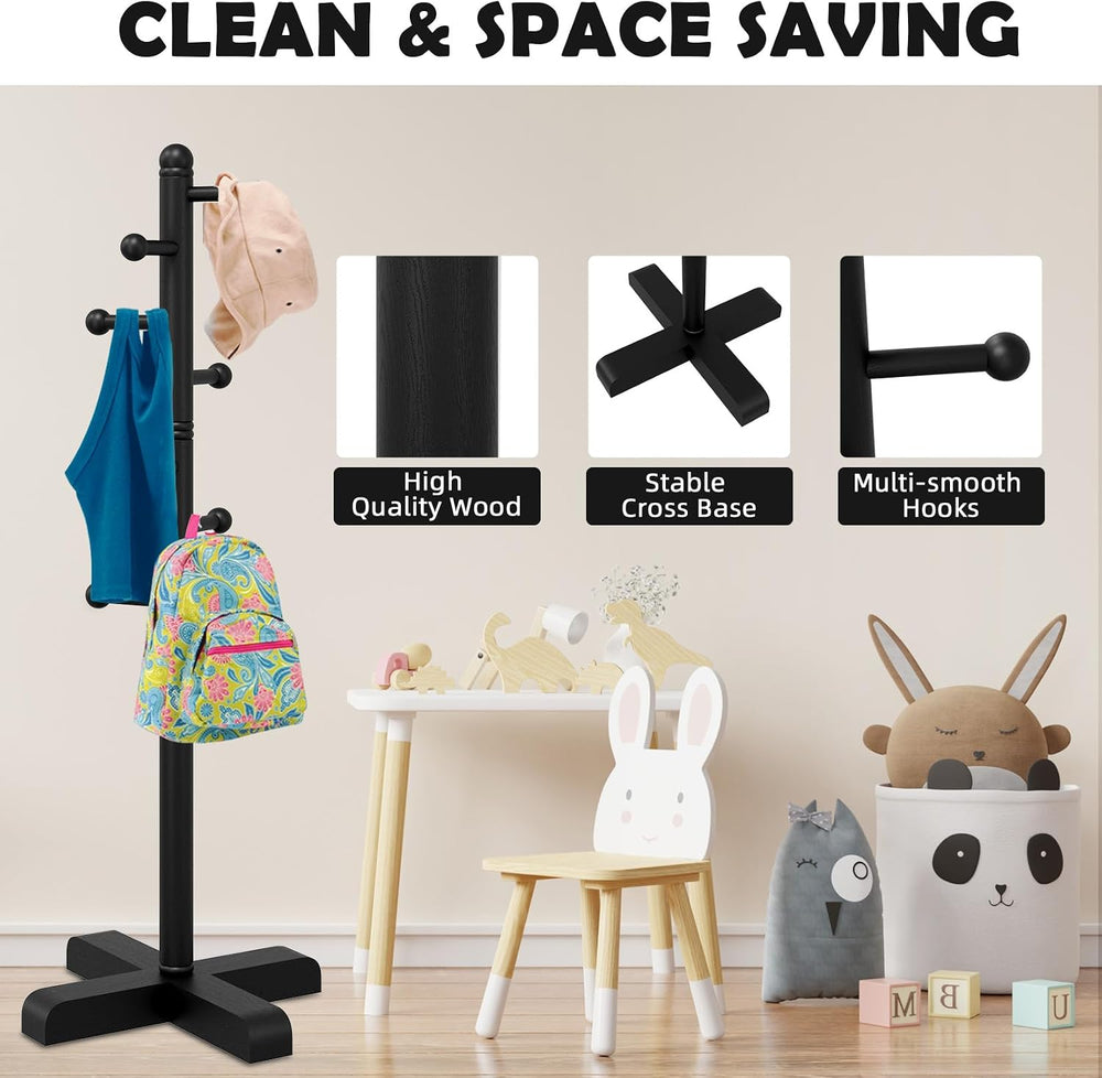 8-Hook Freestanding Wooden Coat Rack 2 Adjustable Heights BLACK