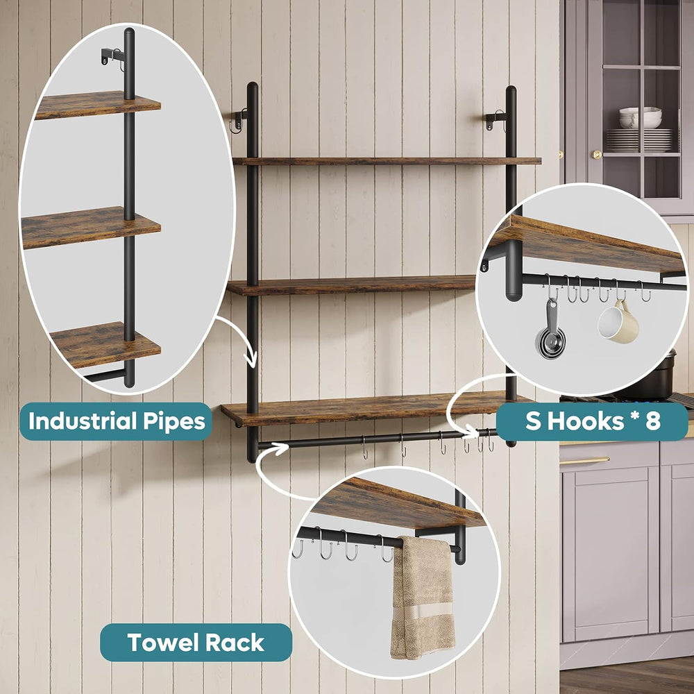 Bestier 3 Tier Industrial Pipe Shelving, Floating Book Shelves for Wall, Stor...
