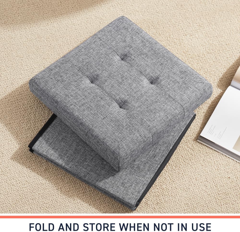 Ornavo Home 2 Pack 15 Inch Folding Storage Ottoman Cube, Linen, Gray