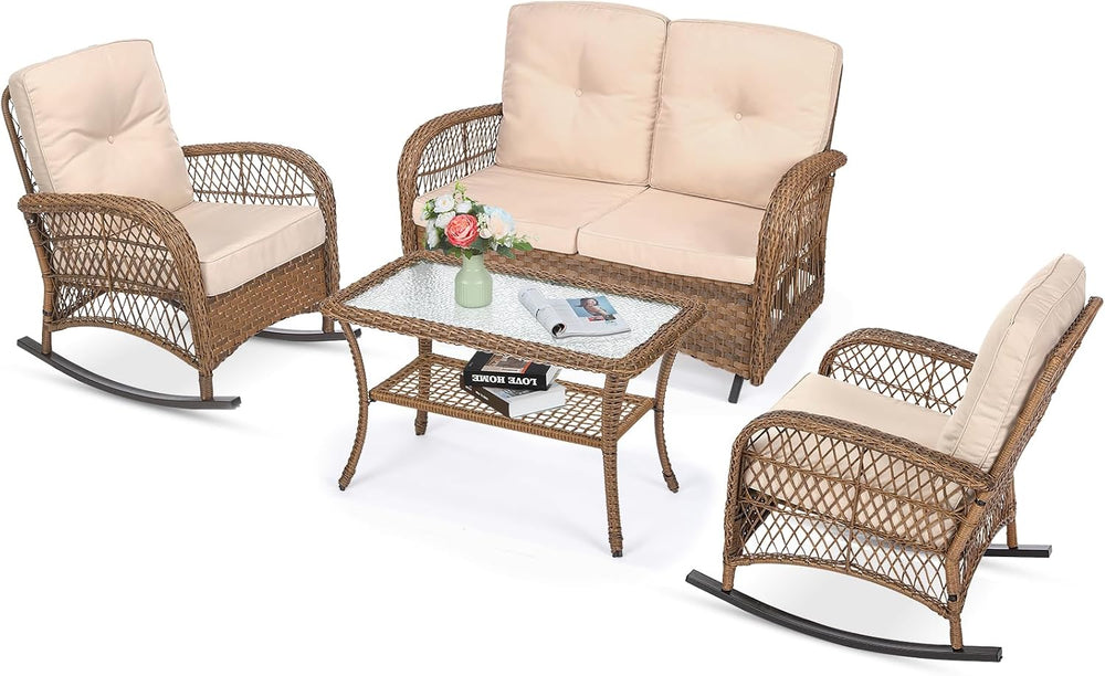 VIVIJASON 4-Piece Outdoor Patio Wicker Conversation Sets, All Weather Outdoor...