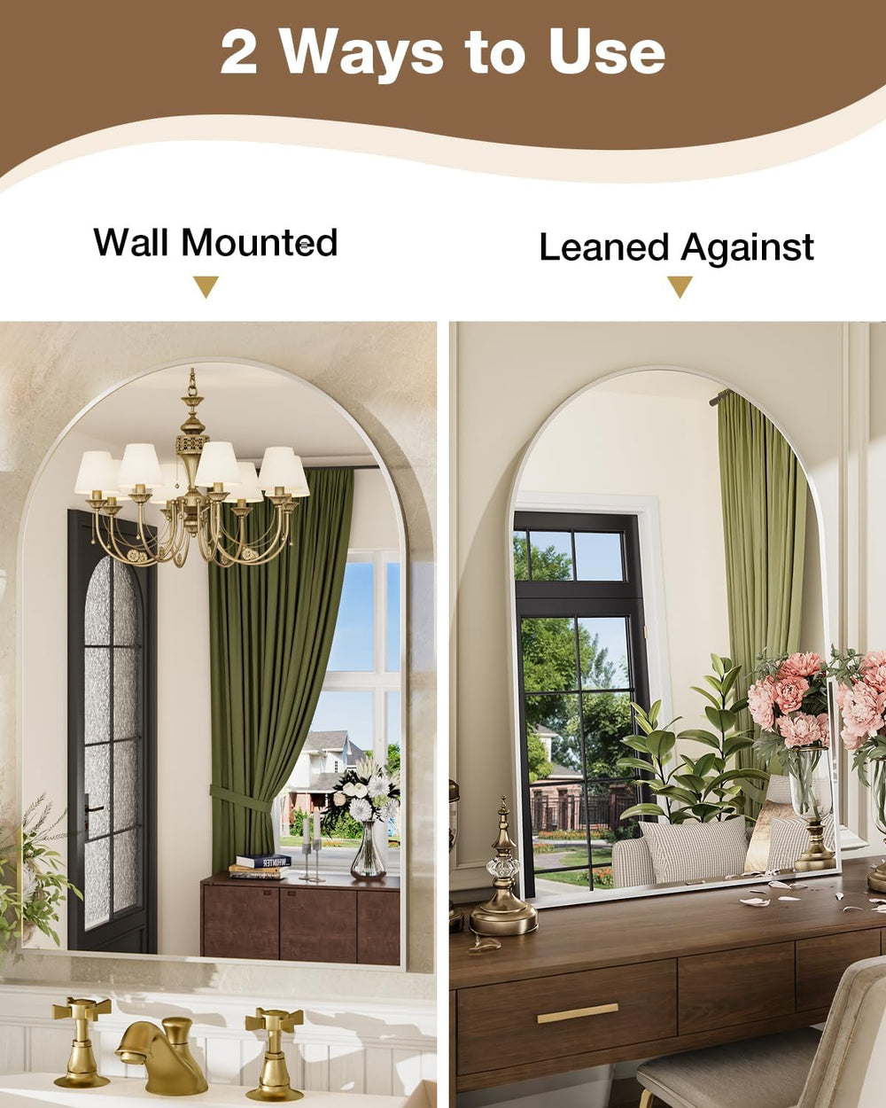 24"x36" Arched Bathroom Vanity Mirror, Brushed Nickel Aluminum Frame