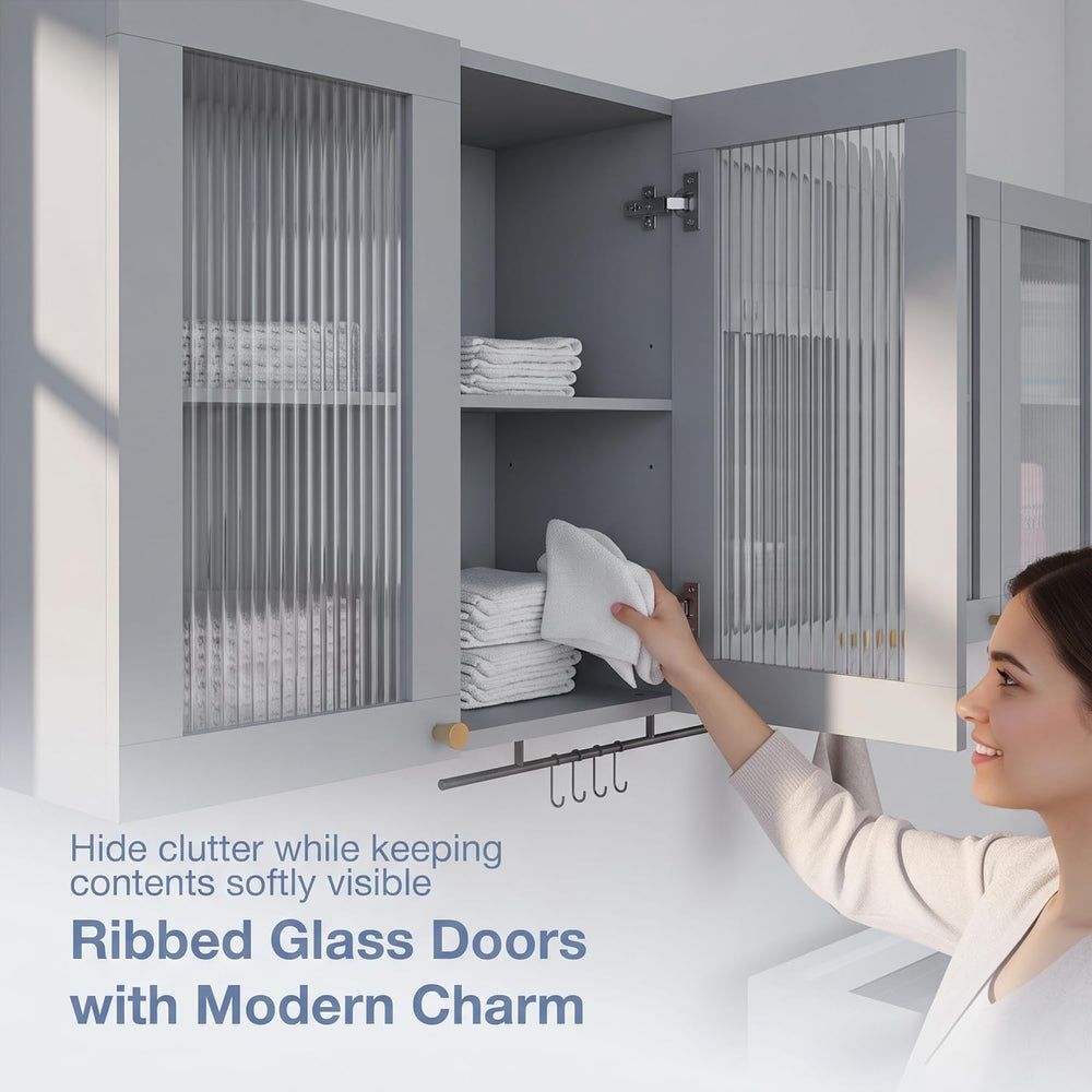 Kikihouse Wall Mounted Storage Cabinet Set with Glass Doors (Grey)