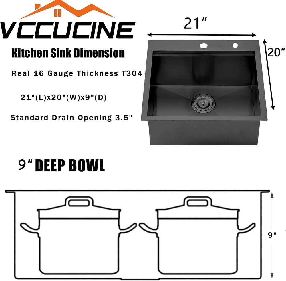 VCCUCINE 21x20 Inch Gunmetal Black Drop in Bar Sink Kitchen Sink Workstation,...