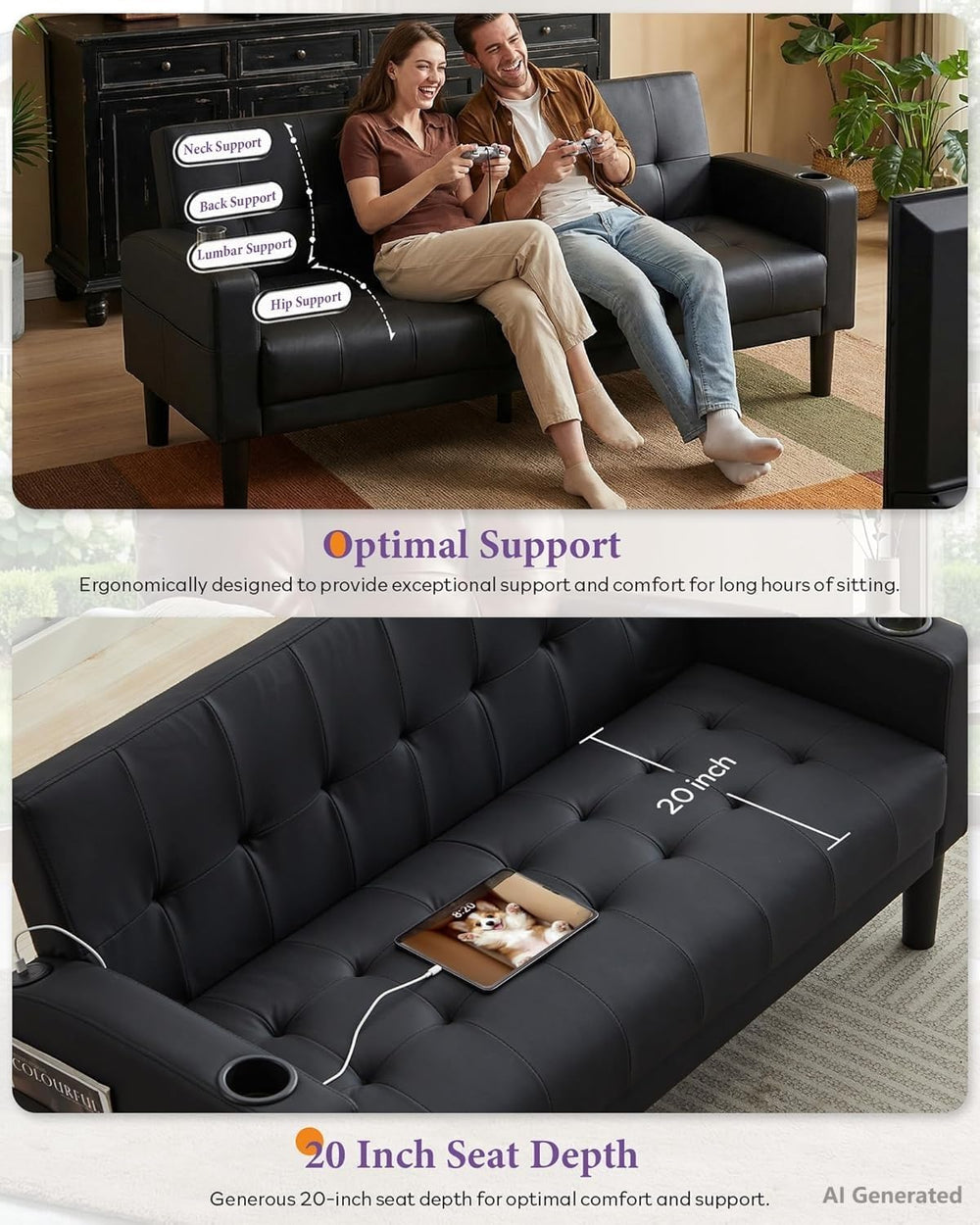 62" W Leather Loveseat and 2 Chairs, Living Room Sets w/Charging Station
