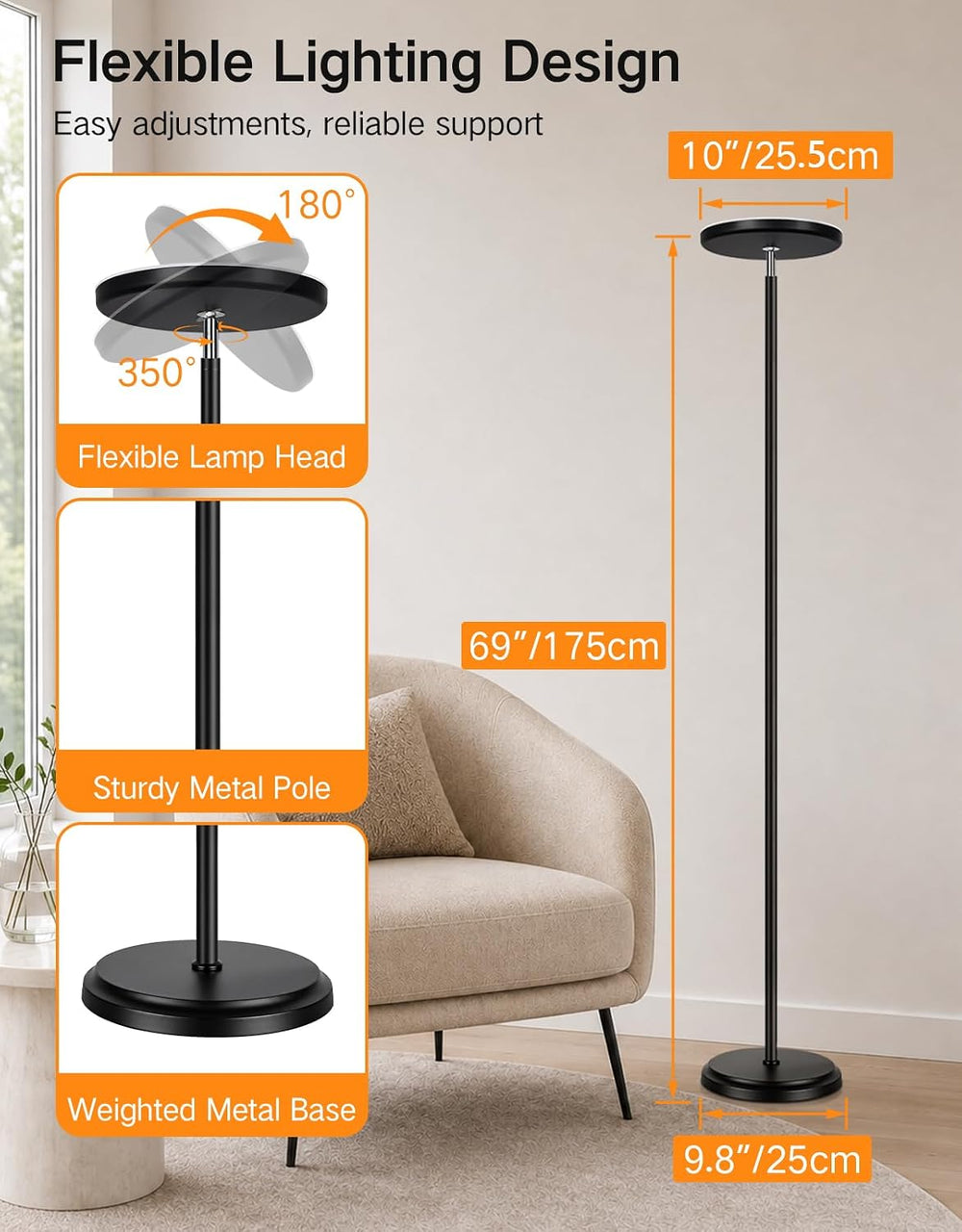 OUTON 69" LED Floor Lamp, Dimmable Torchiere Floor Lamp with Remote, Black