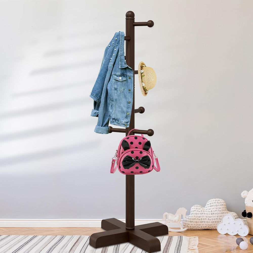 8-Hook Freestanding Wooden Coat Rack 2 Adjustable Heights Brown