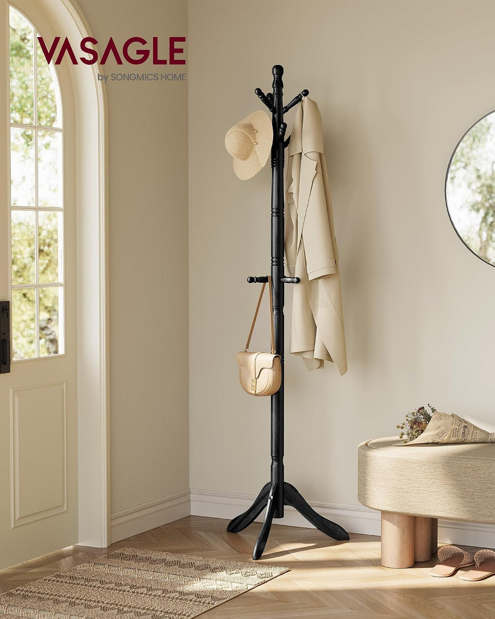 VASAGLE Freestanding Coat Rack, Rubber Wood Coat Tree with 9 Hooks