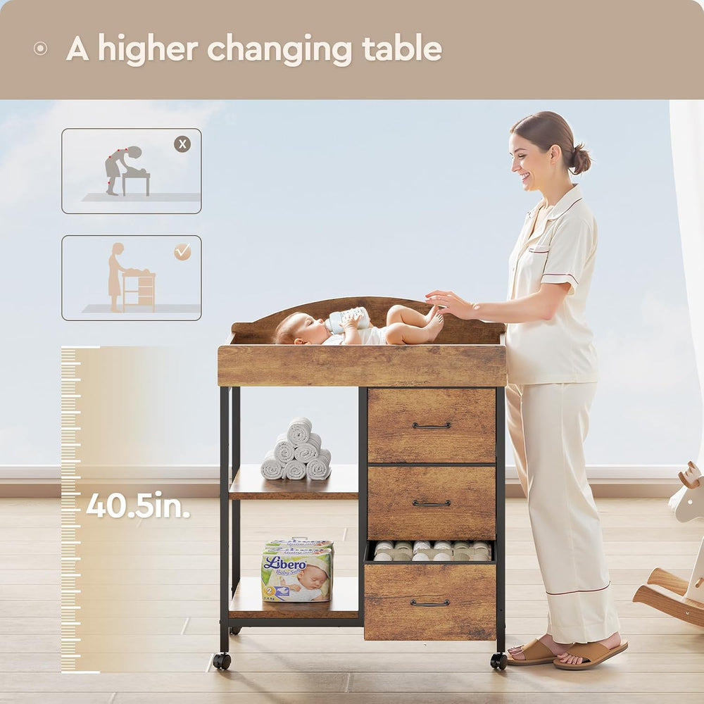 Yetom Changing Table, 3 Drawers&2 Shelves, Changing Table Dresser, Brown