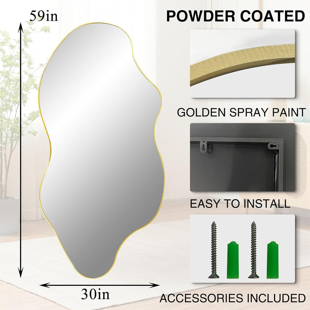 59"x30" Large Irregular Wall Mirror, Gold Frameless Mirror