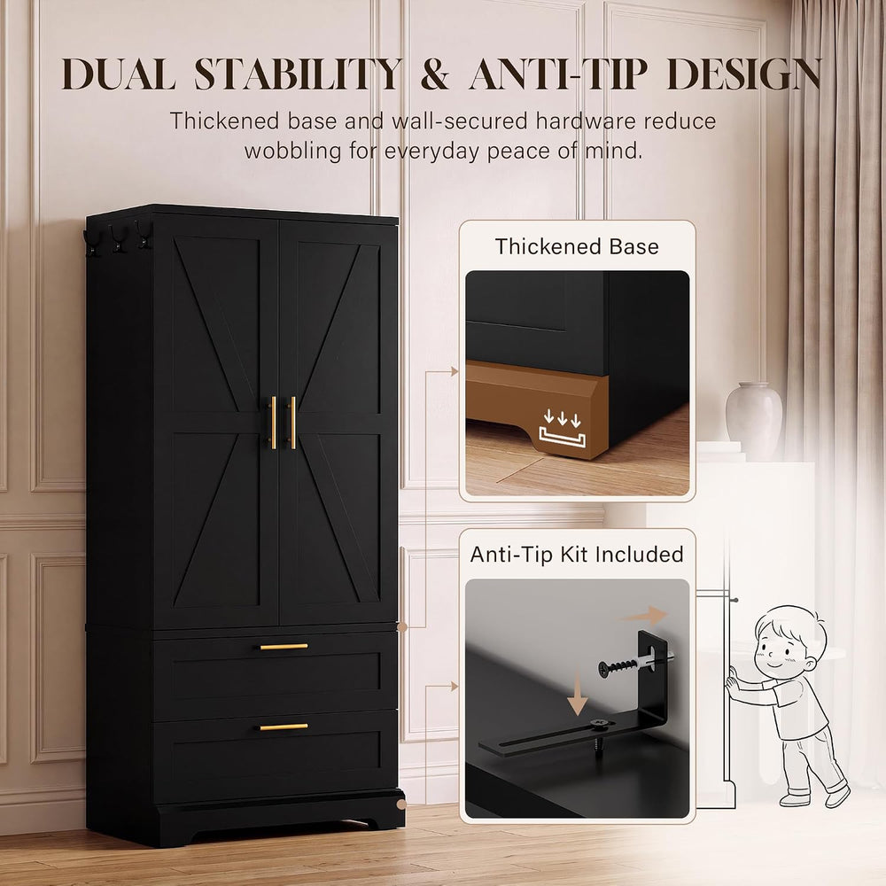 YESHOMY 70.9" Armoire Wardrobe Closet with Sensor Light, 2 Drawers (Black)