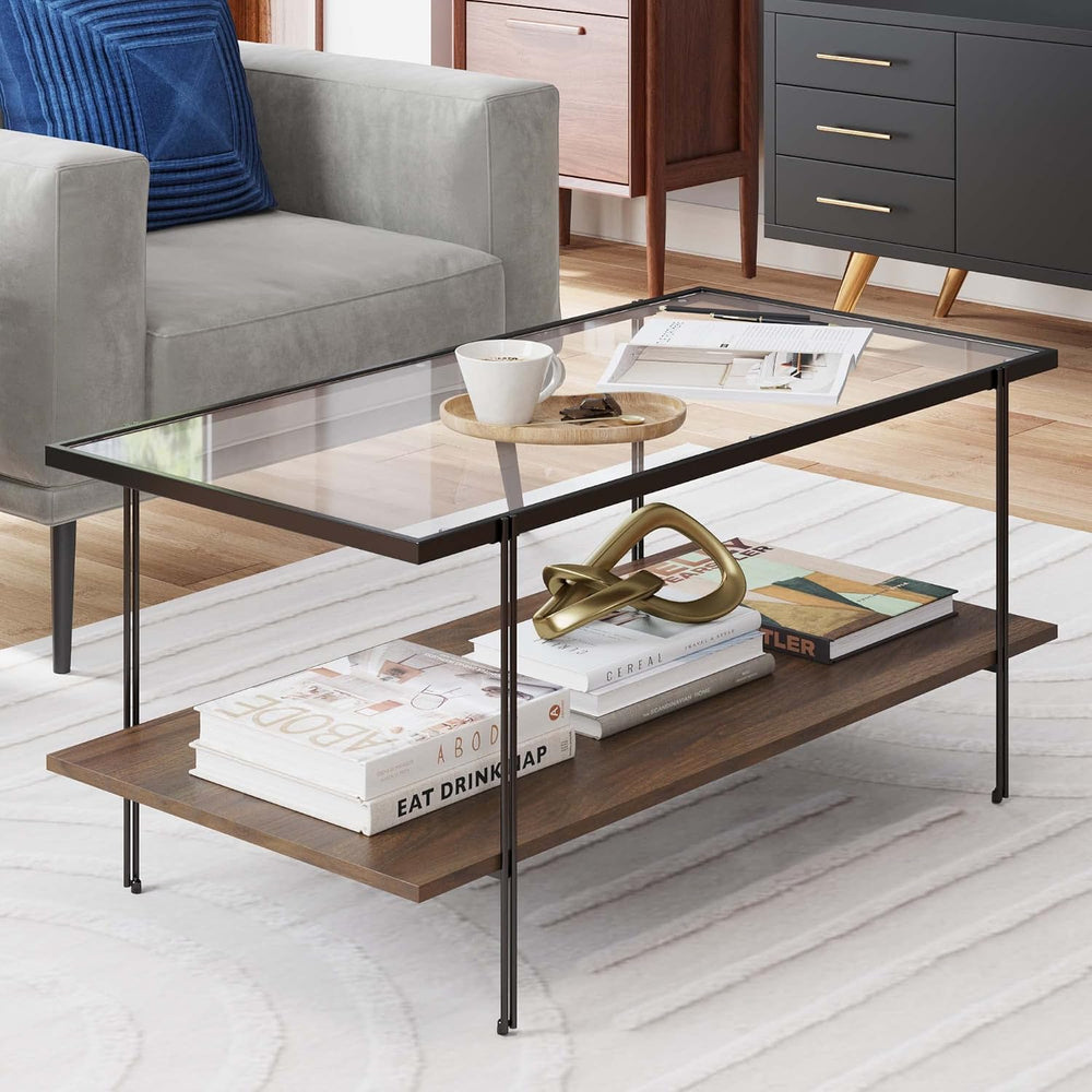 Nathan James Asher Mid-Century Rectangle Coffee Table Glass Top and Wood Fini...