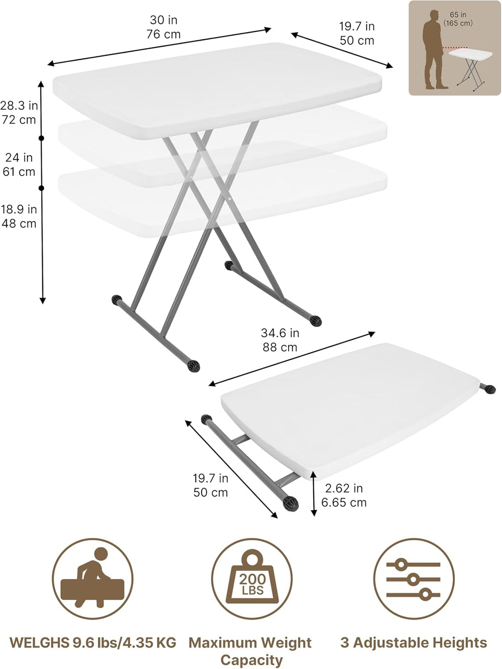Small Folding Table 30 Inch Adjustable Height Portable TV Tray