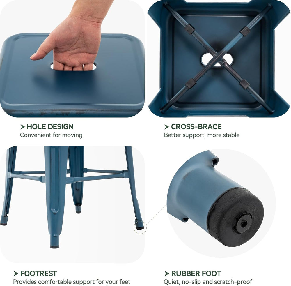 24 Inch Metal Bar Stools Set of 2, Stackable Indoor Outdoor Distressed Blue