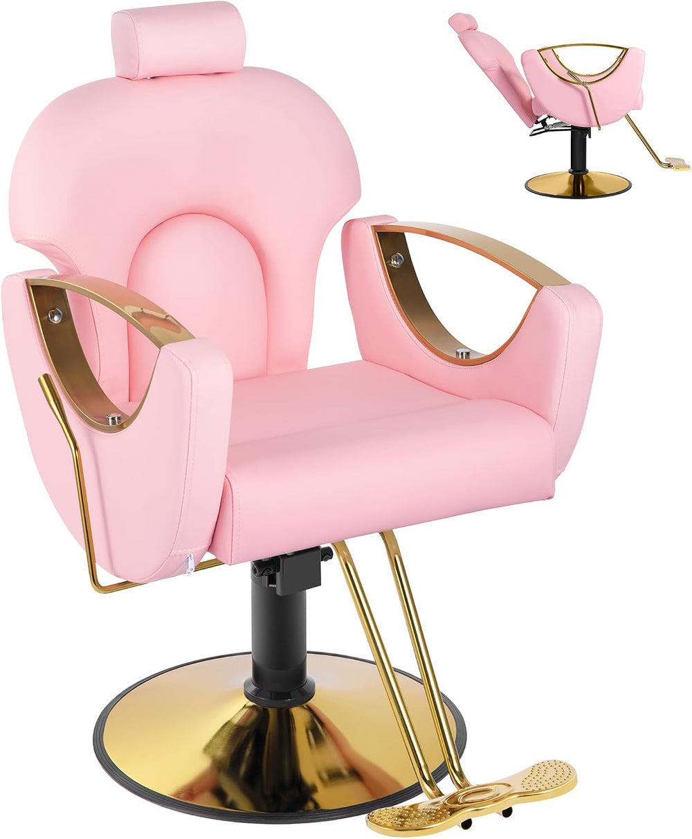 Salon Barber Chair for Hair Stylist, Pink Reclining Hair Styling Chair with W...