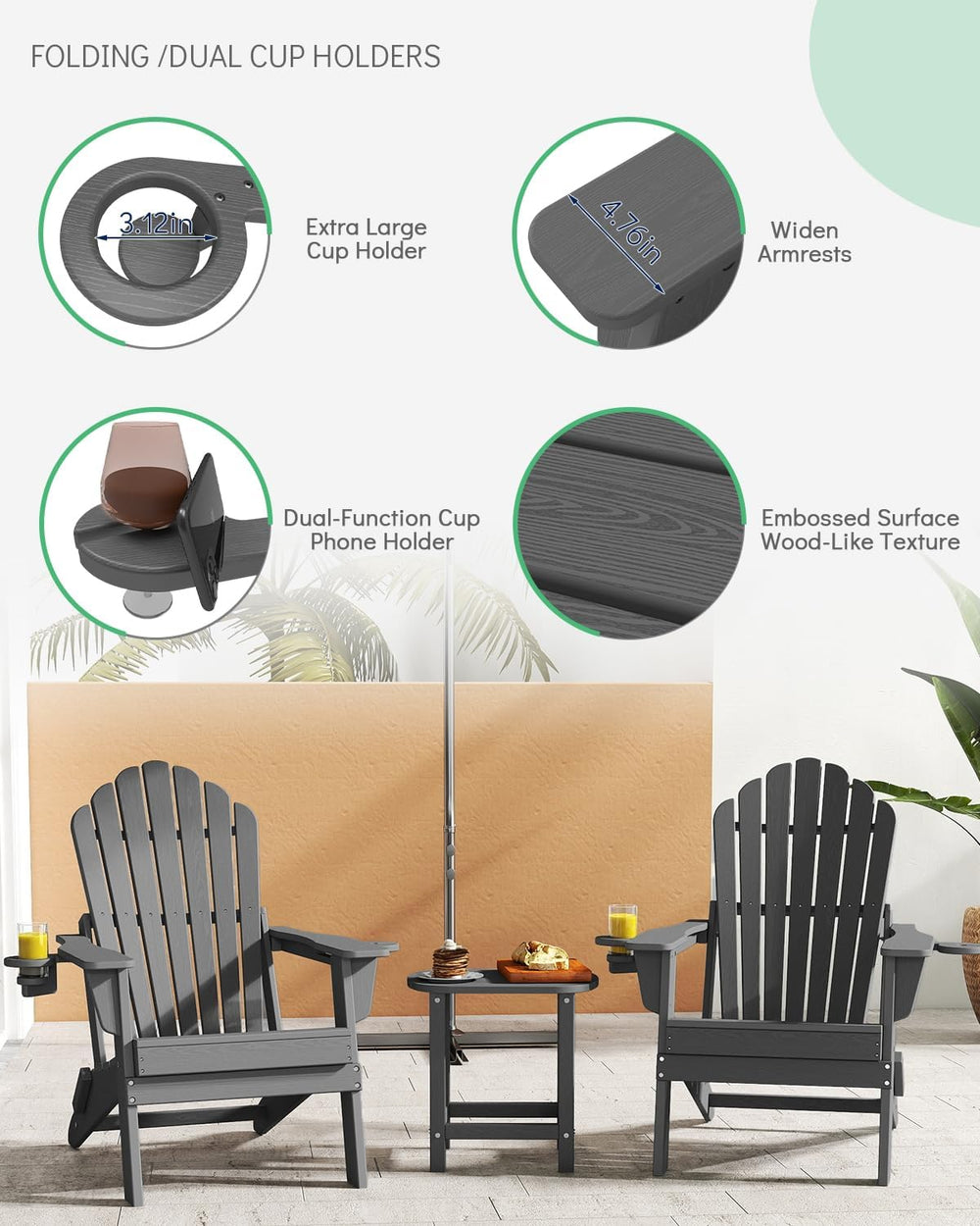 Plawdlik Oversized Folding Adirondack Chair Set of 2, Outdoor Chair, Grey